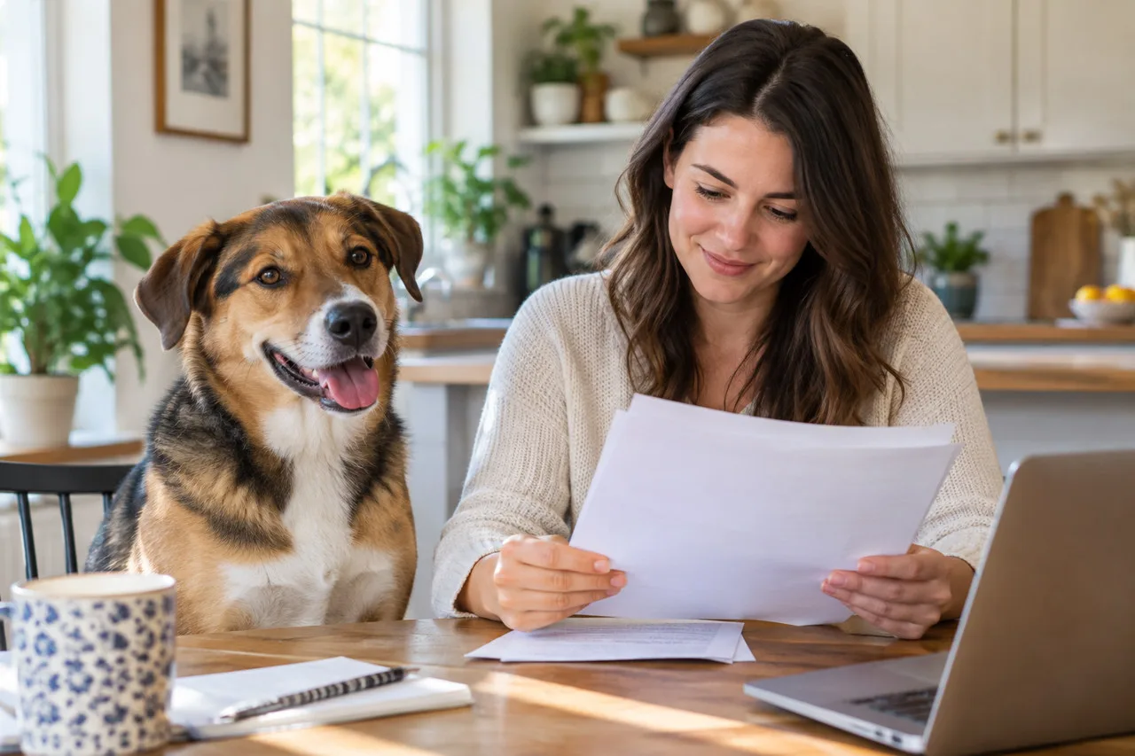 Owner reading a document beside a brown-and-white dog